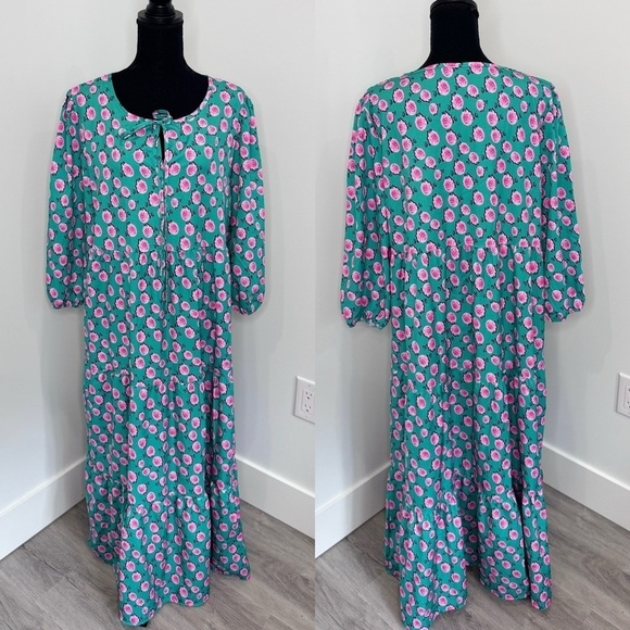 Green with Pink Florals 3/4 Sleeve Maxi Dress (XL) - Picture 1 of 9